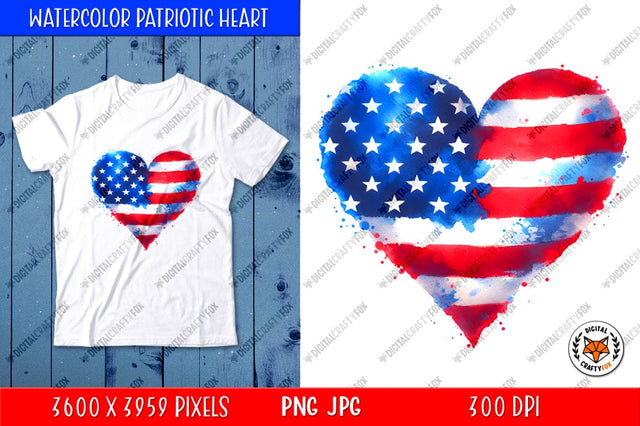 Watercolor Patriotic Heart PNG, 4th of July Heart Clipart Sublimation Digital Craftyfox 
