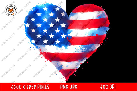 Watercolor Patriotic Heart PNG, 4th of July Heart Clipart Sublimation Digital Craftyfox 