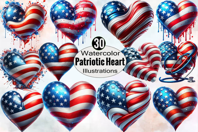 Watercolor Patriotic Heart Sublimation Clipart Bundle Sublimation SVGArt 