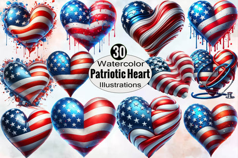 Watercolor Patriotic Heart Sublimation Clipart Bundle Sublimation SVGArt 