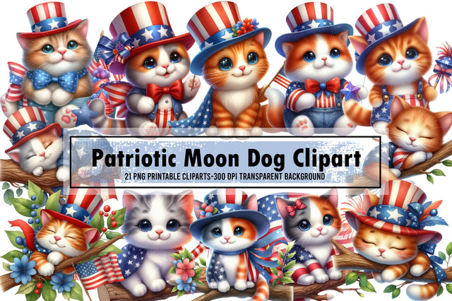 Watercolor Patriotic Moon Cat Clipart Sublimation designartist 