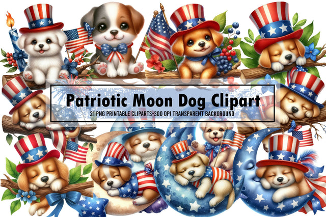 Watercolor Patriotic Moon Dog Clipart Sublimation designartist 