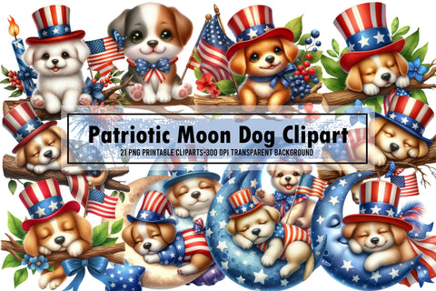 Watercolor Patriotic Moon Dog Clipart Sublimation designartist 