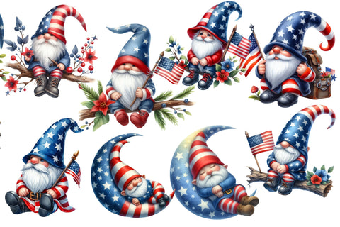 Watercolor Patriotic Moon Gnome Clipart Sublimation designartist 