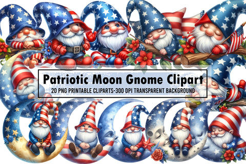 Watercolor Patriotic Moon Gnome Clipart Sublimation designartist 