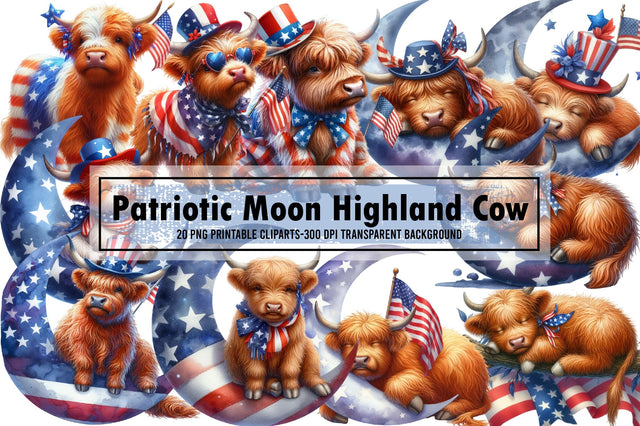 Watercolor Patriotic Moon Highland Cow Clipart Sublimation designartist 
