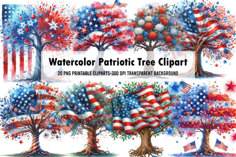 Watercolor Patriotic Tree Clipart Sublimation Rupkotha 
