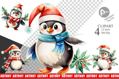 Watercolor Penguin in Santa Hat Clipart Sublimation artnoy 