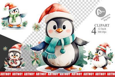 Watercolor Penguin in Santa Hat Clipart Sublimation artnoy 