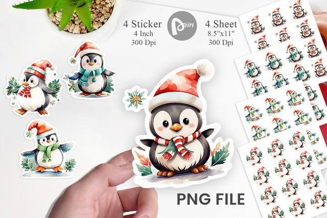 Watercolor Penguin in Santa Hat Sticker Sublimation artnoy 