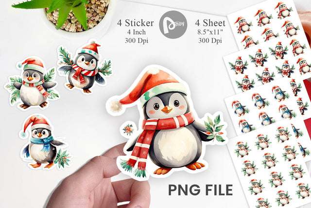 Watercolor Penguin in Santa Hat Sticker Sublimation artnoy 