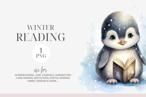 Watercolor Penguin Reading Clipart PNG Sublimation BijouBay 