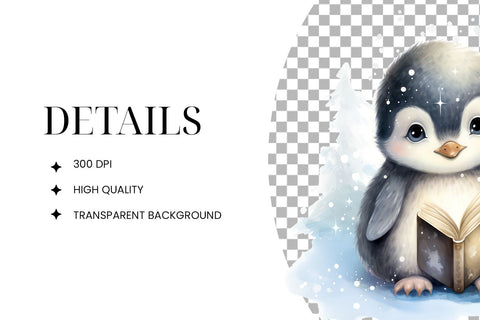 Watercolor Penguin Reading Clipart PNG Sublimation BijouBay 