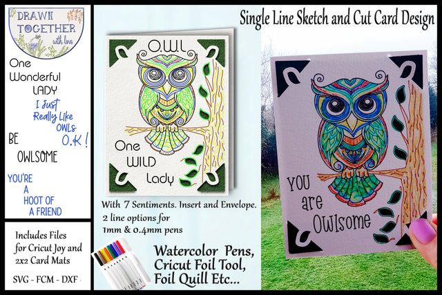 Watercolor Pens | Foil Quill | Cricut Joy Cards - Owl on a Branch Sketch DESIGN DrawnTogether with love 