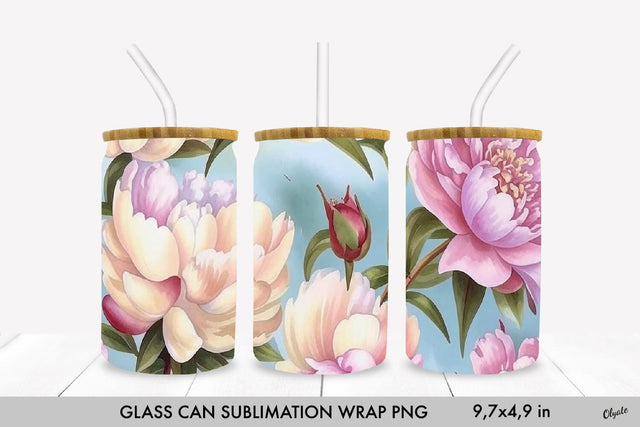 Watercolor Peony Glass Can Wrap. Glass Can 16 OZ Sublimation Olga Terlyanskaya 