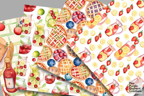 Watercolor Picnic Digital Paper | Summer BBQ Scrapbook Digital Pattern Fine Purple Elephant Creations 