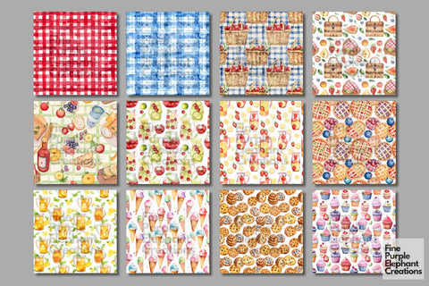 Watercolor Picnic Digital Paper | Summer BBQ Scrapbook Digital Pattern Fine Purple Elephant Creations 