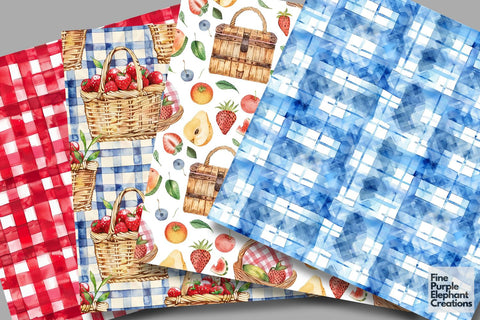 Watercolor Picnic Digital Paper | Summer BBQ Scrapbook Digital Pattern Fine Purple Elephant Creations 