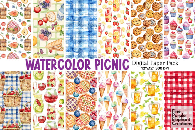 Watercolor Picnic Digital Paper | Summer BBQ Scrapbook Digital Pattern Fine Purple Elephant Creations 