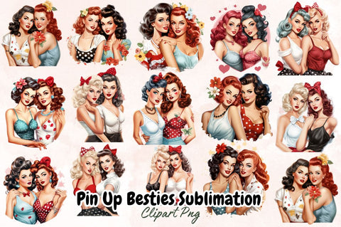 Watercolor Pin Up Besties Sublimation Clipart Bundle Sublimation Designangry 