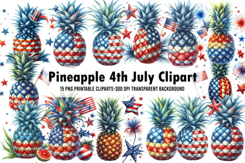 Watercolor Pineapple 4th July Clipart Sublimation Rupkotha 