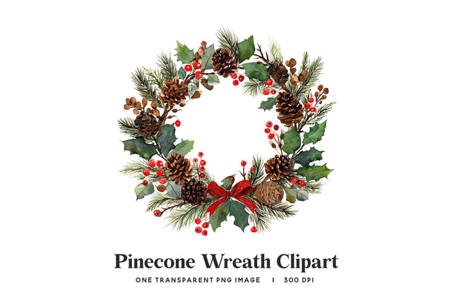 Watercolor Pinecone Wreath Clipart PNG Sublimation BijouBay 