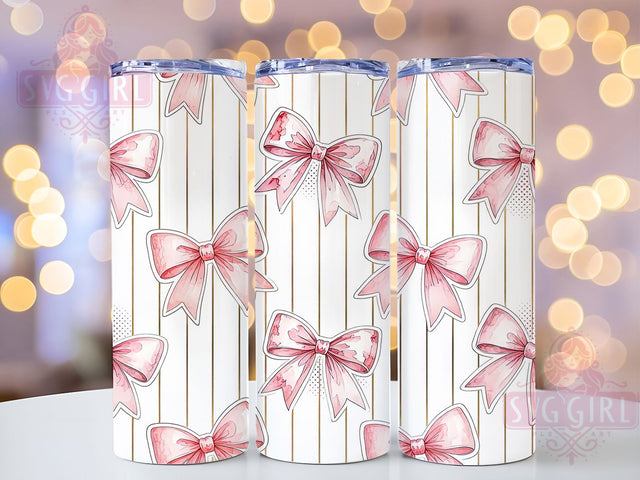 Watercolor Pink Bow 20oz Tumbler, Watercolor Style, Pink Theme, Bow Motif, Soft Aesthetic, Elegant Design, Skinny Tumbler, Sublimation PNG Sublimation SvggirlplusArt 