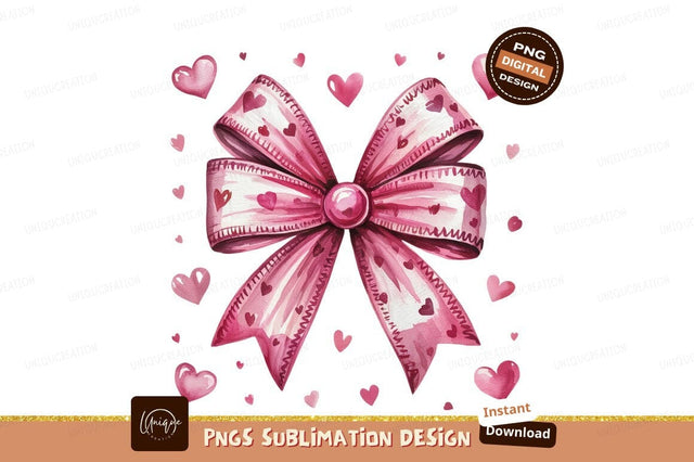Watercolor Pink Bow With Hearts Illustration Sublimation Designangry 