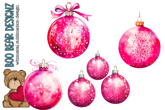 Watercolor Pink Christmas Ornaments Clipart SVG Boo Bear Designz 