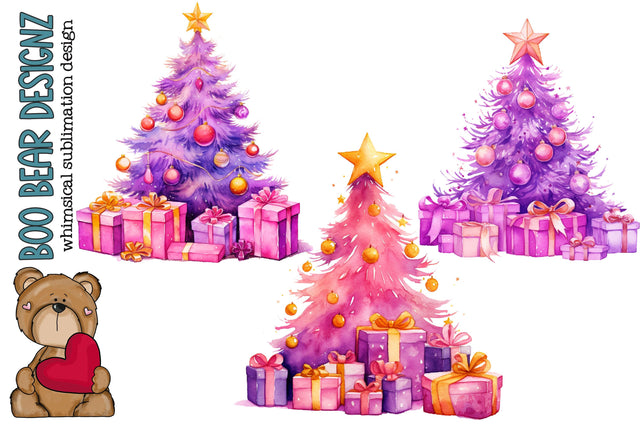Watercolor Pink Christmas tree Clipart SVG Boo Bear Designz 