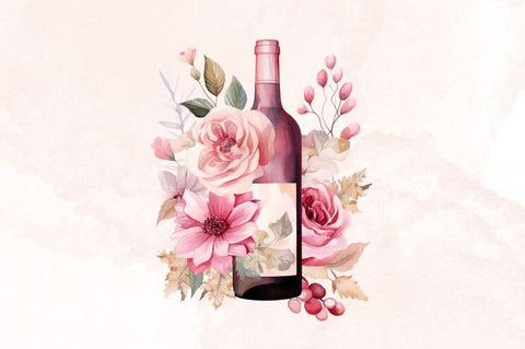Watercolor Pink Florals Wine Bottle Clipart Bundle Sublimation Designangry 