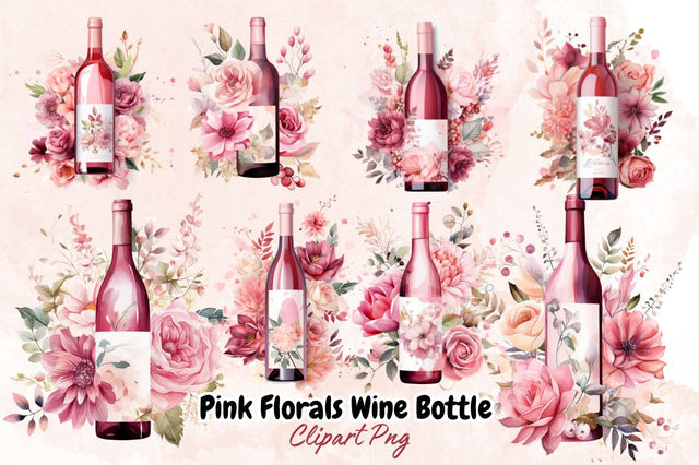 Watercolor Pink Florals Wine Bottle Clipart Bundle Sublimation Designangry 