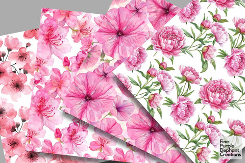 Watercolor Pink Flower Digital Paper | Delicate Mother Valentine Digital Pattern Fine Purple Elephant Creations 