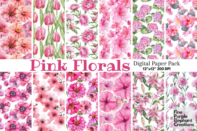Watercolor Pink Flower Digital Paper | Delicate Mother Valentine Digital Pattern Fine Purple Elephant Creations 