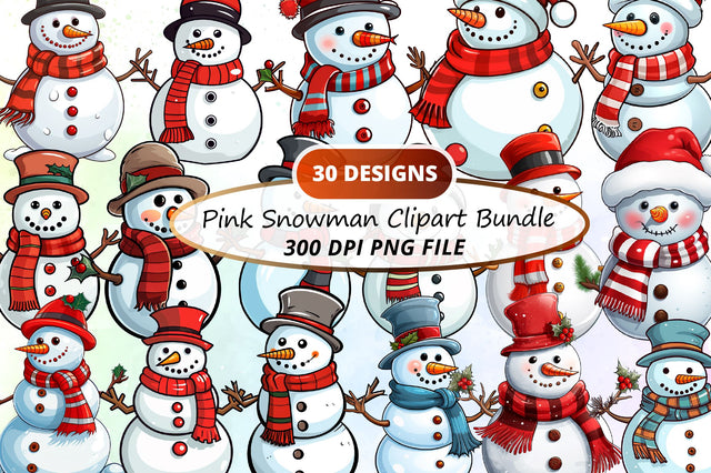 Watercolor Pink Snowman Collection Clipart Bundle Sublimation Regulrcrative 