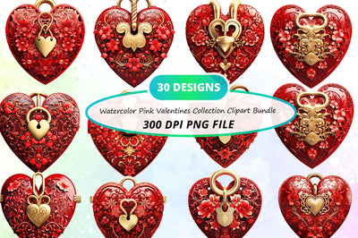 Watercolor Pink Valentines Collection Clipart Bundle Sublimation Regulrcrative 