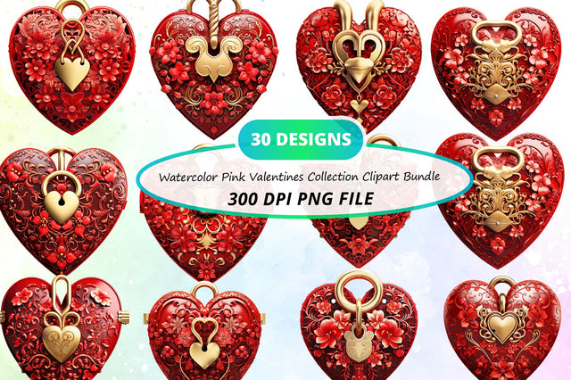 Watercolor Pink Valentines Collection Clipart Bundle Sublimation Regulrcrative 