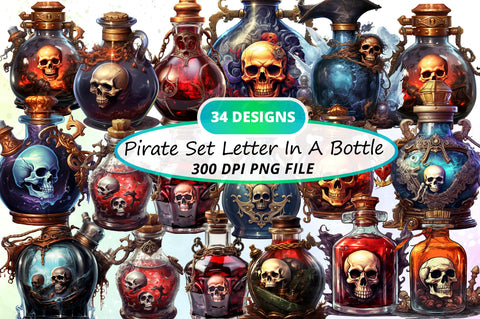 Watercolor Pirate Set Letter In A Bottle Clipart Bundle Sublimation Regulrcrative 