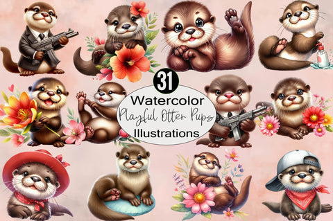 Watercolor Playful Otter Pups Sublimation Clipart Bundle Sublimation SVGArt 