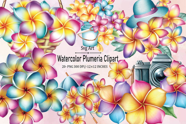 Watercolor Plumeria Clipart Bundle. Sublimation SVGArt 