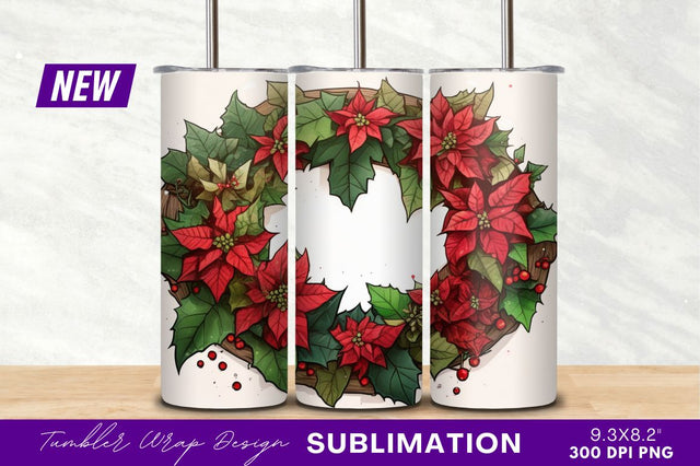 Watercolor Poinsettia Christmas Wreath Tumbler Png Design Sublimation Regulrcrative 