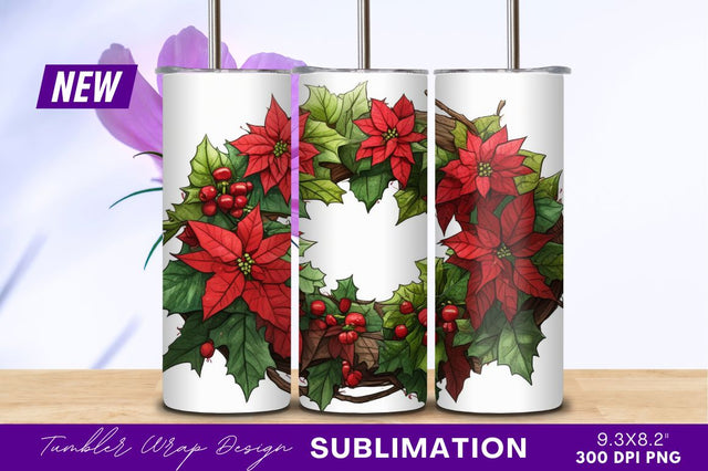 Watercolor Poinsettia Wreath With Berries And Leaves Sublimation Regulrcrative 