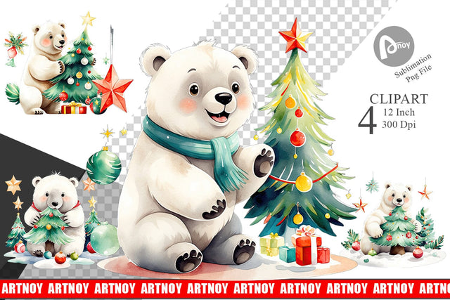 Watercolor Polar Bear Christmas Clipart Sublimation artnoy 