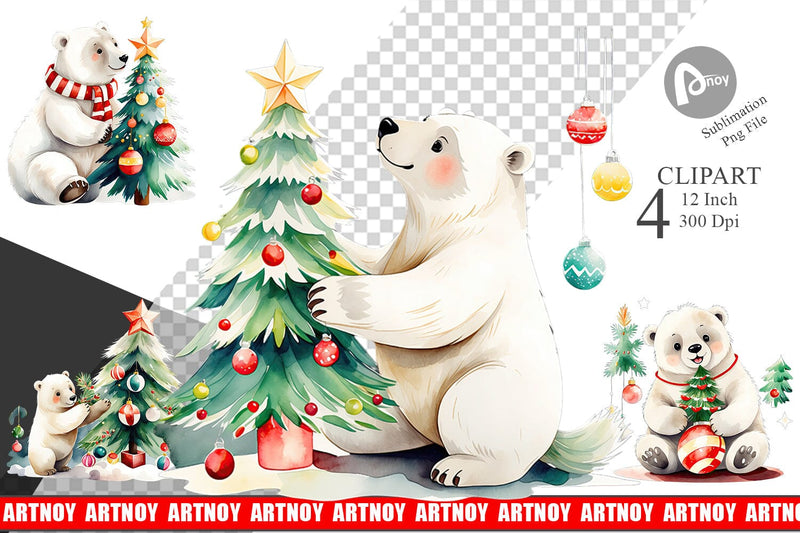 Watercolor Polar Bear Christmas Clipart Sublimation artnoy 