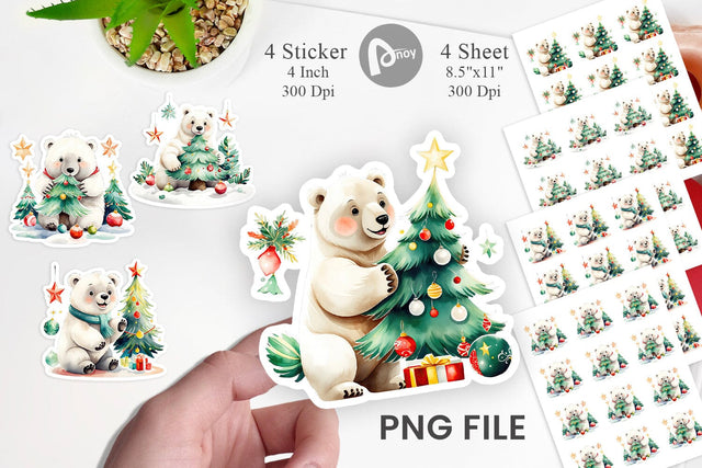 Watercolor Polar Bear Christmas Sticker Sublimation artnoy 