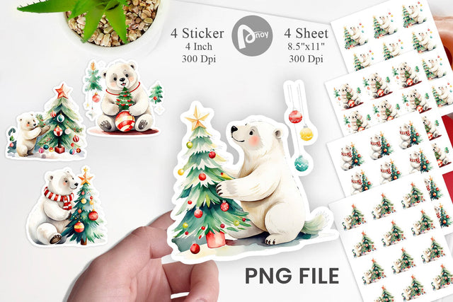 Watercolor Polar Bear Christmas Sticker Sublimation artnoy 
