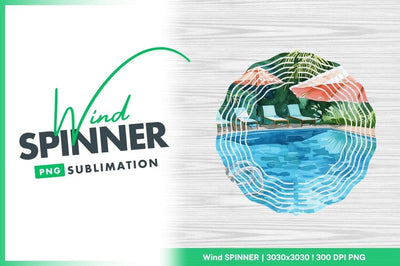Watercolor Pool Scene with Umbrellas Lounge Chairs and Lush Greenery Sublimation Regulrcrative 