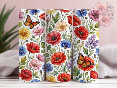 Watercolor Poppy Butterfly Garden 20oz Tumbler, Watercolor Style, Poppy Motif, Butterfly Accent, Garden Theme, Sublimation Wrap, 20oz Tumbler, Artistic Charm Sublimation Li Zamperini 