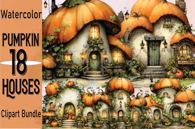 Watercolor Pumpkin Houses Clipart Bundle. Sublimation SVGArt 