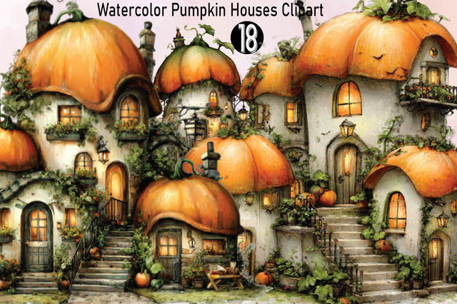 Watercolor Pumpkin Houses Clipart Bundle. Sublimation SVGArt 